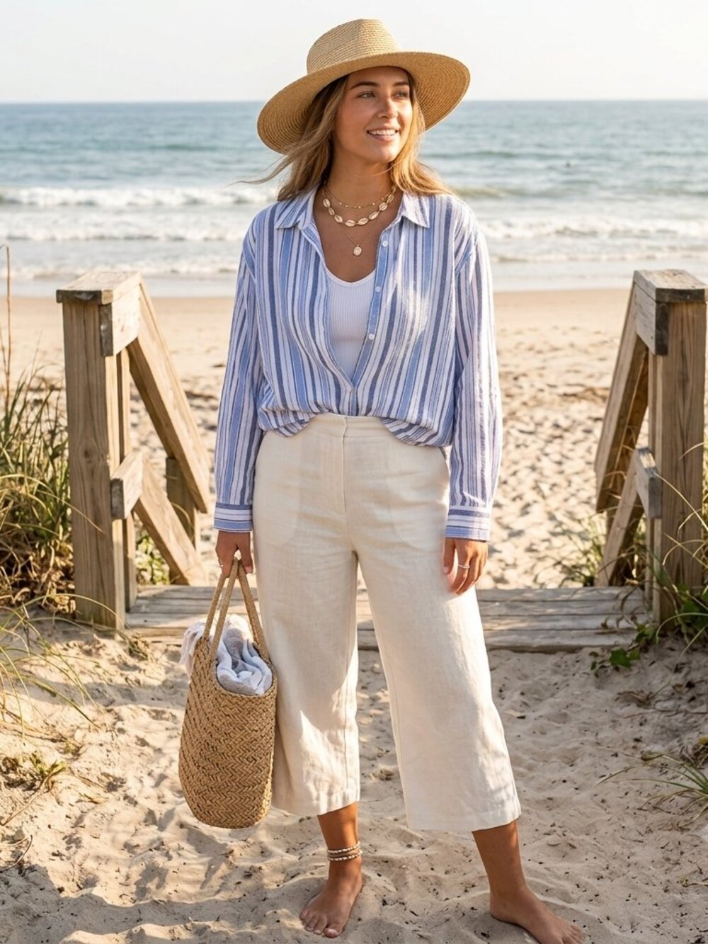 Marissa Olivia Linen Blend Blue & White Striped Button Down Top Coastal Chambray